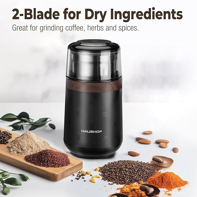 HAUSHOF Coffee Grinder Electric, One Touch Design, Spice, Herb, Grinder for Coffee Bean Spices and Seeds with 1 Removable Stainless Steel Bowl, Dry Grinder-Black