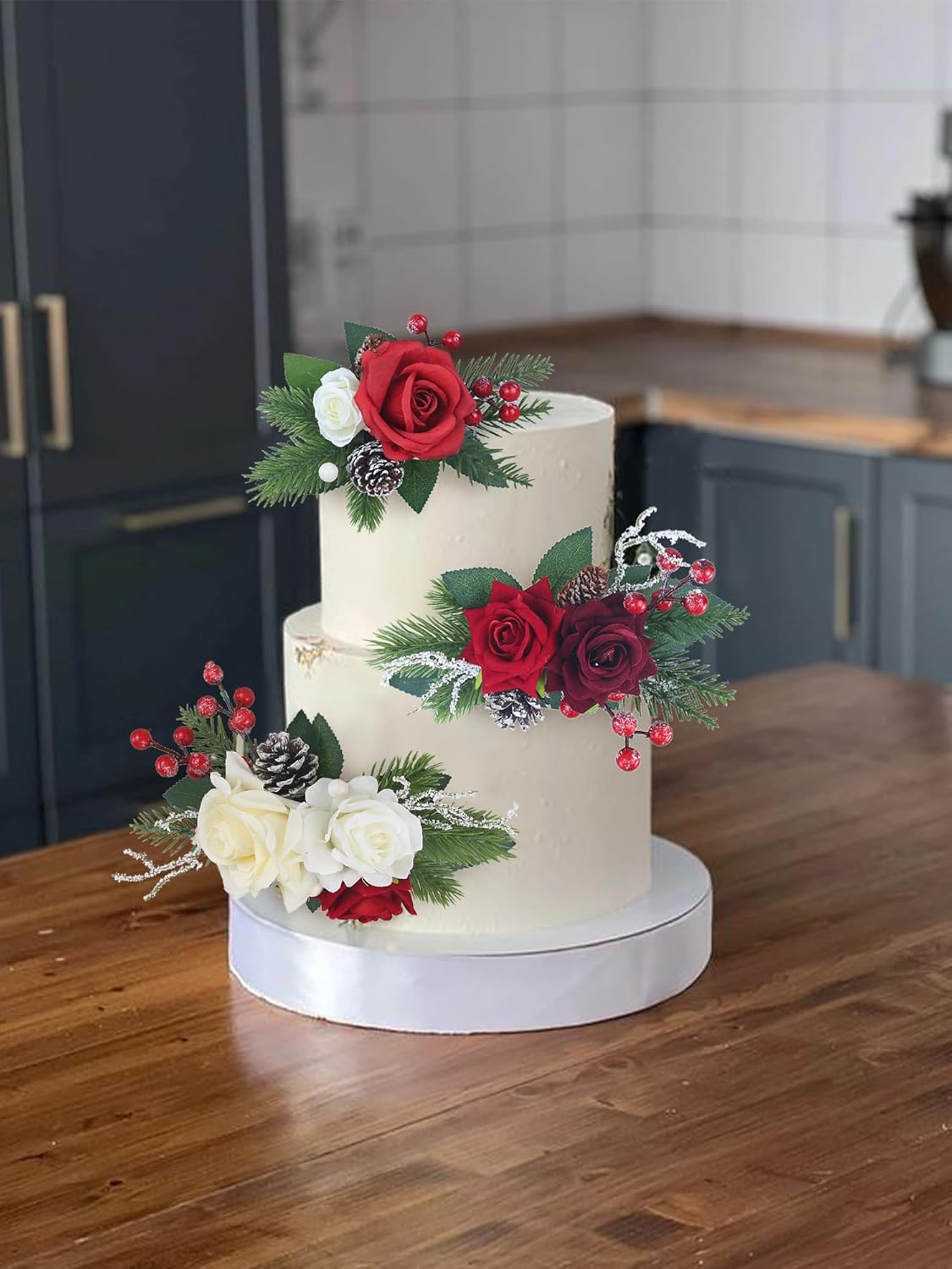 Rinlong 3Pcs Pre-made Cake Topper Cake Decorating Flowers for Christmas Cake Decor Burgundy Xmas Cake Decorations for Wedding Baptism