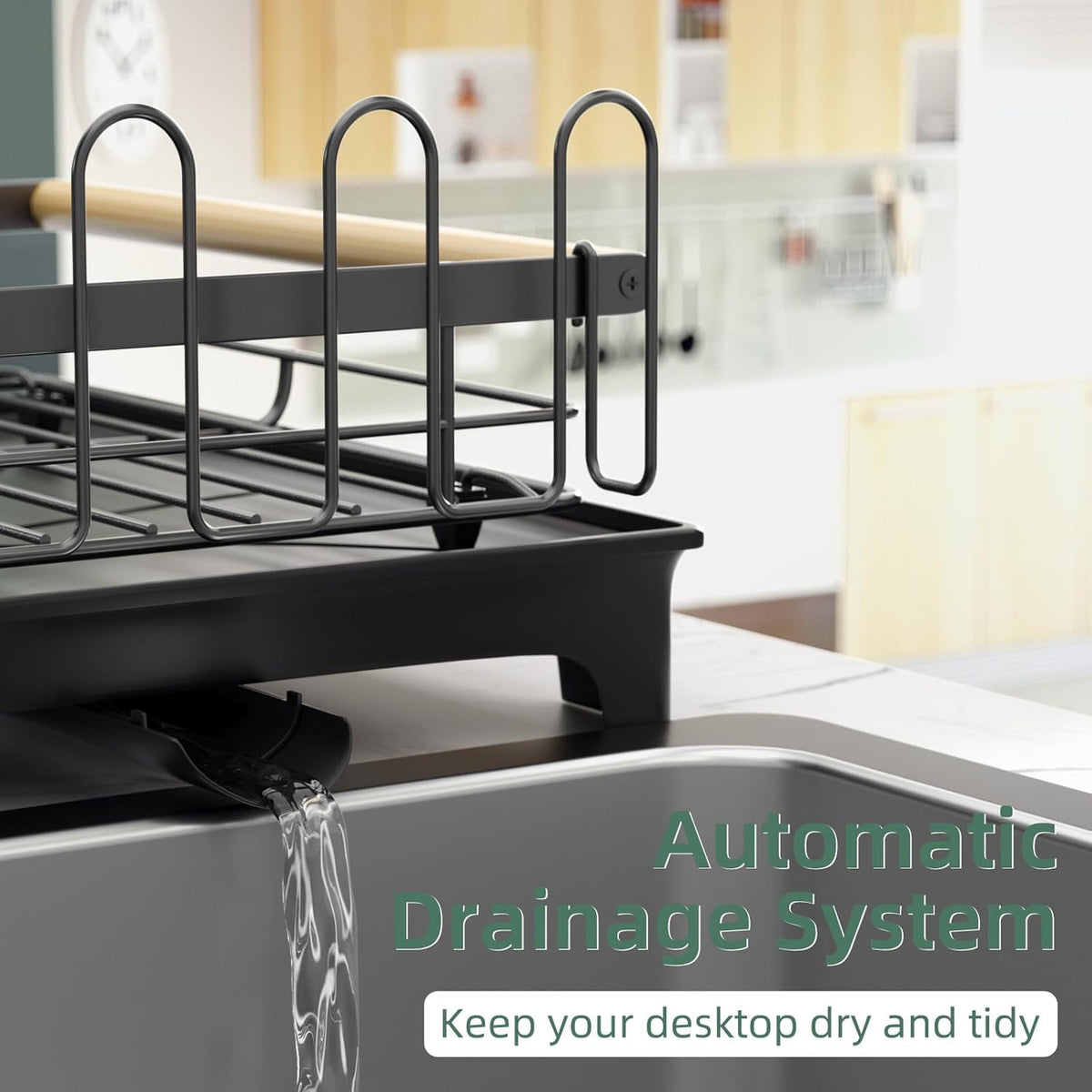 2 Tier Dish Drying Rack, Drying Rack with Automatic Drainboard, Dish Racks for Kitchen Counter, Rustproof Dish Drainer with Removable Utensil Holder, Cups Holder,Black