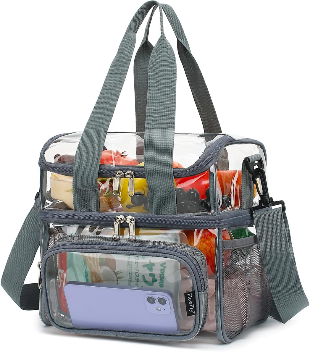 FlowFly Double Layer Cooler Insulated Lunch Bag Adult Lunch Box Large Tote Bag for Men, Women, With Adjustable Strap,Front Pocket and Dual Large Mesh Side Pockets