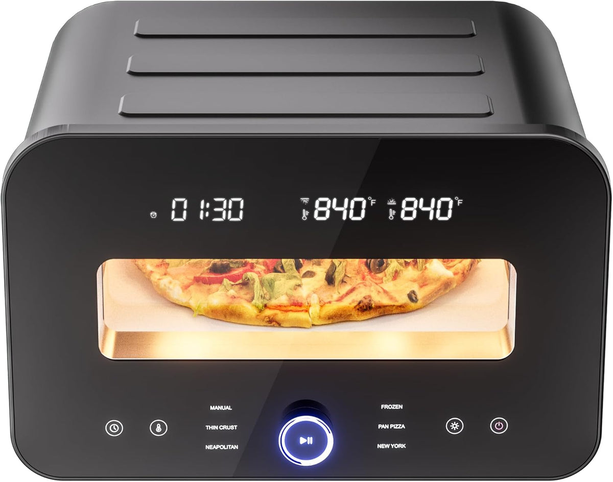 1700W Countertop Electric Pizza Oven, Heats to 840℉ with Presets, 60-Minute Timer, Includes Pizza Stone & Peel, Indoor Outdoor Pizza Maker