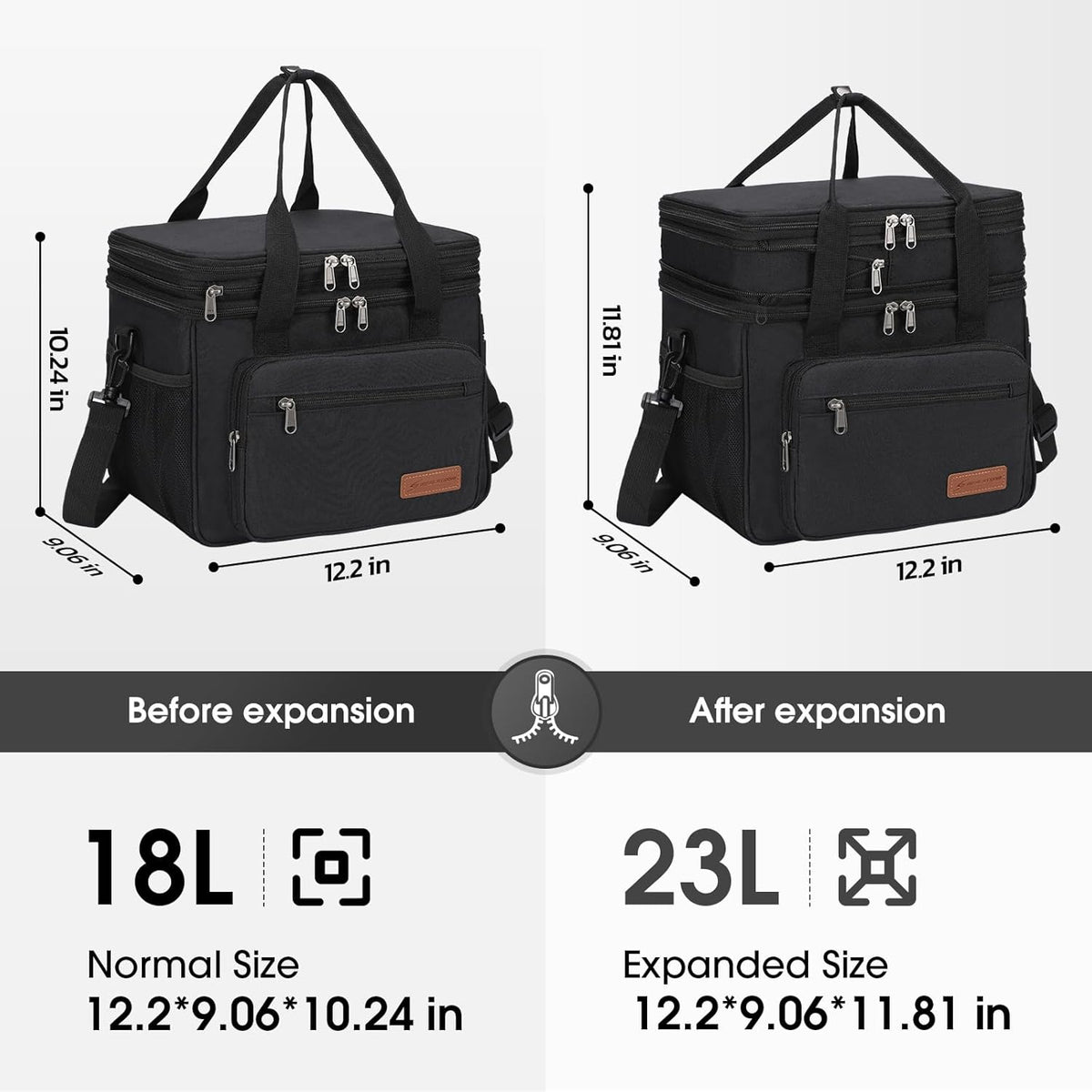 Maelstrom Lunch Box, 23L Insulated Lunch Bag, Expandable Double Deck Cooler Bag, Lightweight Leakproof Tote Bag With Side Tissue Pocket, Suit For Men and Women, Black