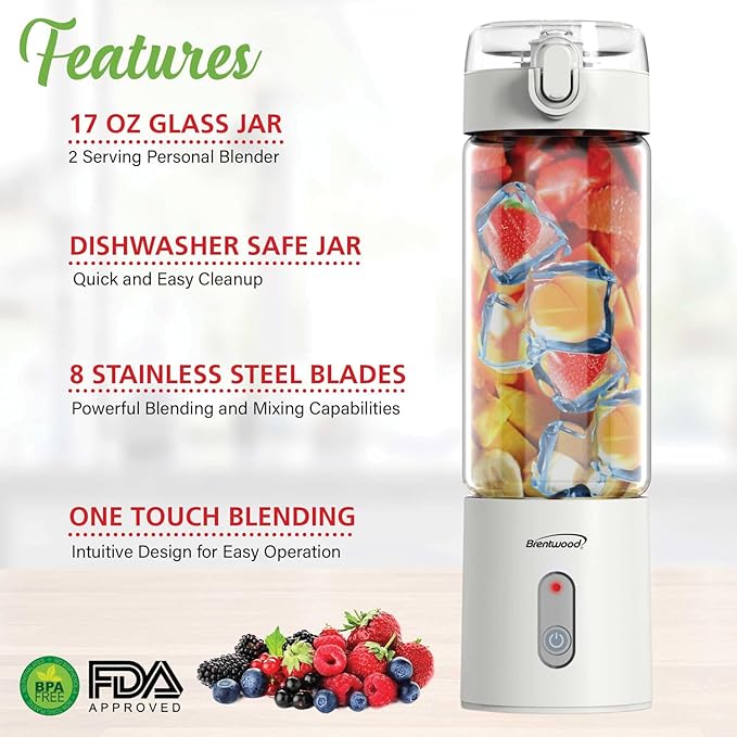 Brentwood 50-Watt 17-Oz. Portable Battery-Operated USB-Chargeable Glass Blender (White)