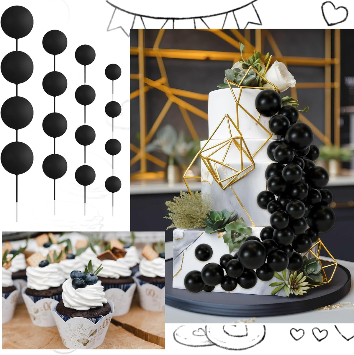 48 Pcs Balls Cake Topper Decorations Balloon Cupcake Toppers Foam Cake Topper Balls Cake Balls Decorations for Birthday Party Wedding Anniversary Cake Decorating (Black)