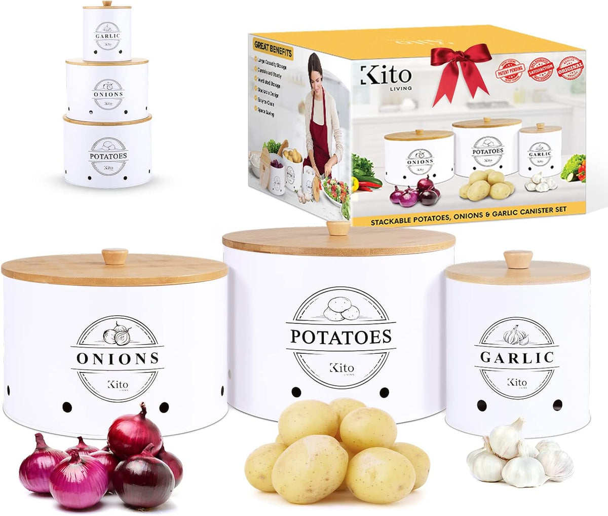 Canister Sets for Kitchen Counter with Wooden Bamboo Lids, Kitchen Canisters for Countertop, Stackable Steel Farmhouse Canisters for Potato Storage, Onion and Potato Storage Bins - White
