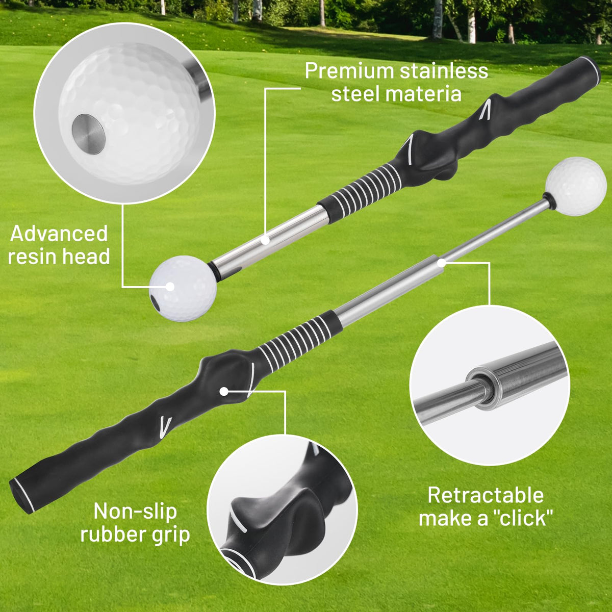 FODESAN Retractable Golf Swing Trainer, Training Aid with Grip Trainer, Swing Mechanics for Beginners & Tempo Training for Advanced, Click Feedback, Muscle Training, Indoor/Outdoor