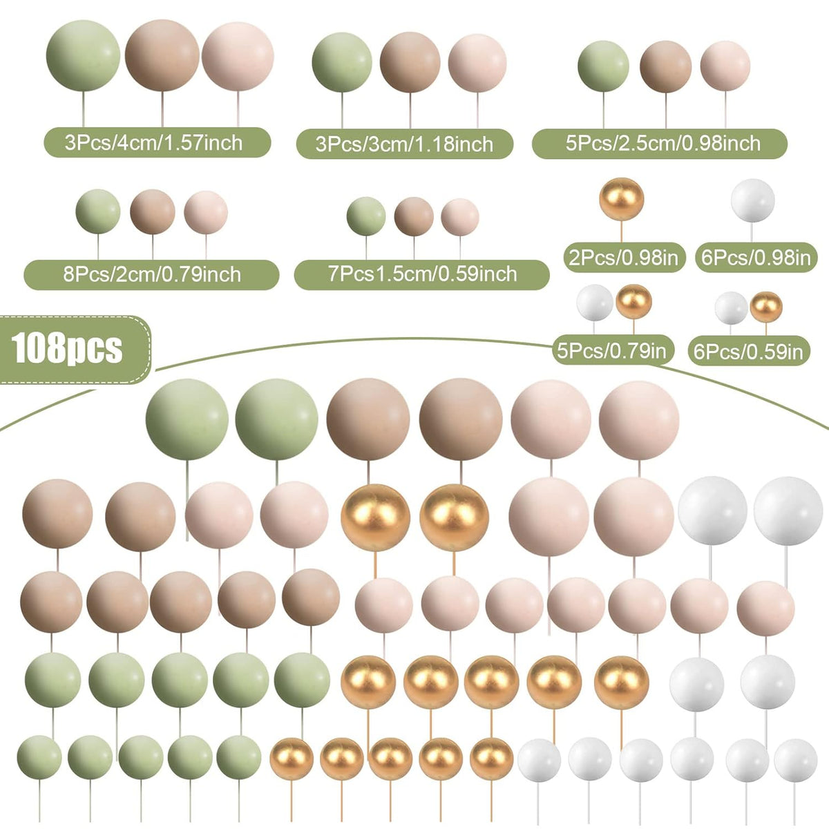108 Pcs Balls Cake Topper DIY Cupcake Insert Foam Balloons for Cake Baking Wedding Anniversary Birthday Decoration(Matcha Green, Light Brown, Khaki,Multi Sizes)