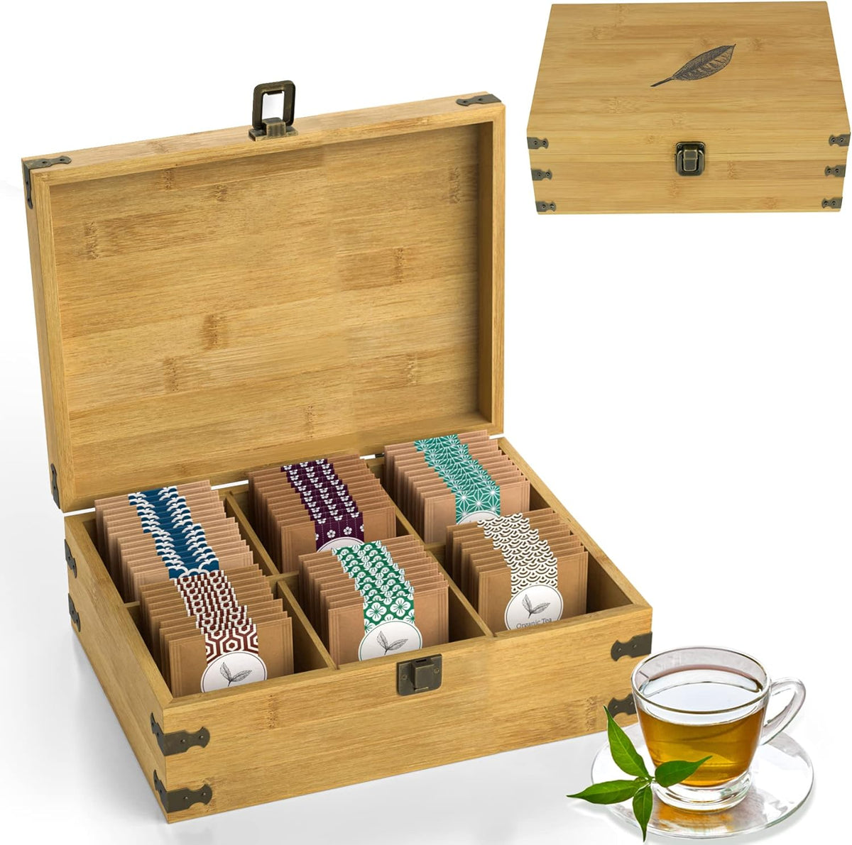 Bamboo Tea Organizer Box Chemical Free Eco-Friendly Big, Tall, Adjustable Cubbies Natural Wooden Storage Chest (6-Slot 11" x 8.1" x 4.2" with Tea Leaf design)