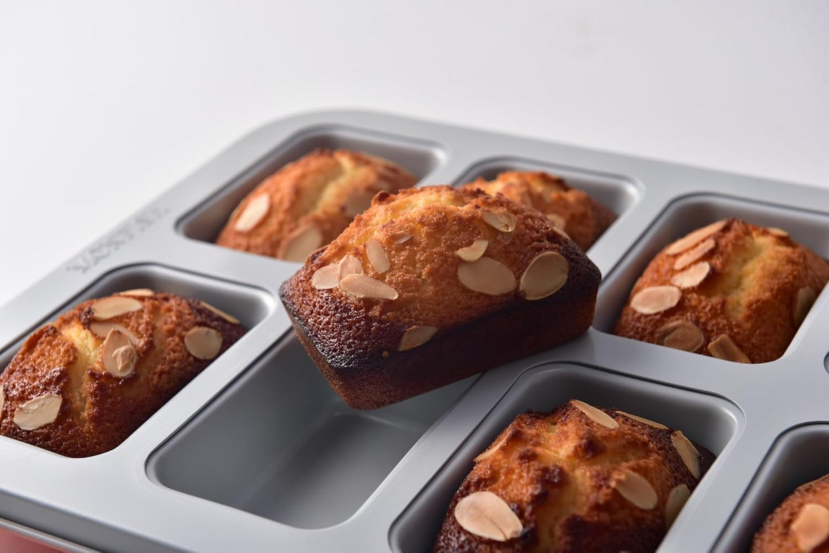 Mini Loaf Baking Pan 8 Cavity- Small Rectangle cake Pan -Financier Cake Mold Carbon Steel light gray non-stick coating bakeware w Perracotta base