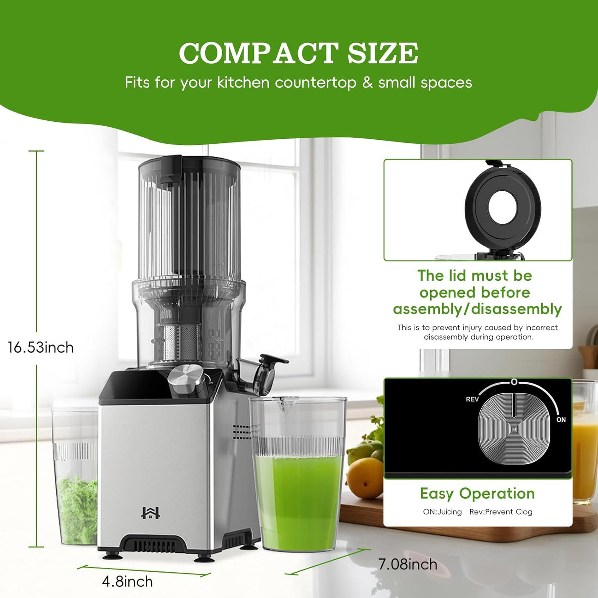 Cold Press Juicer, Juicer Machines with 4.35'' Wide Feed Chute, Stainless Steel Masticating Juicers Easy to Clean, Ergonomic Operational Panel Design, High Juice Yield, Platinum Color Knob