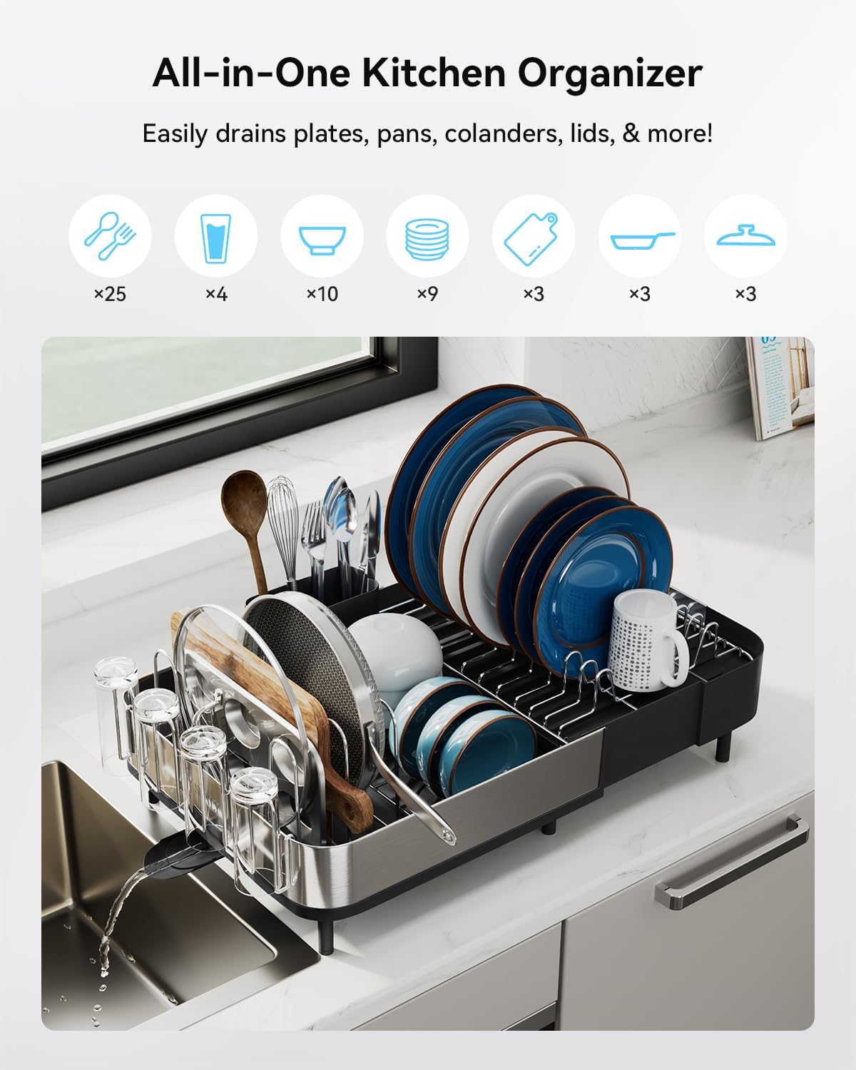 SUNLY Expandable Dish Drying Rack, Versatile Brackets for Pots & Pans, Space Saving Kitchen Drying Rack, Dish Racks for Kitchen Counter, Stainless Steel Dish Drainers with Extendable Spout, Black