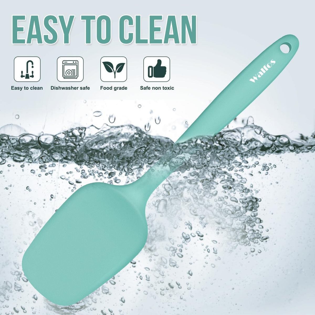 Walfos Silicone Spatula - 600°F High Heat Resistant Kitchen Spoon Spatulas（set of 5), Strong Steel Core and One-Pieces Design, For Cooking Mixing & Baking - BPA Free and Dishwasher Safe (Teal/Aqua)