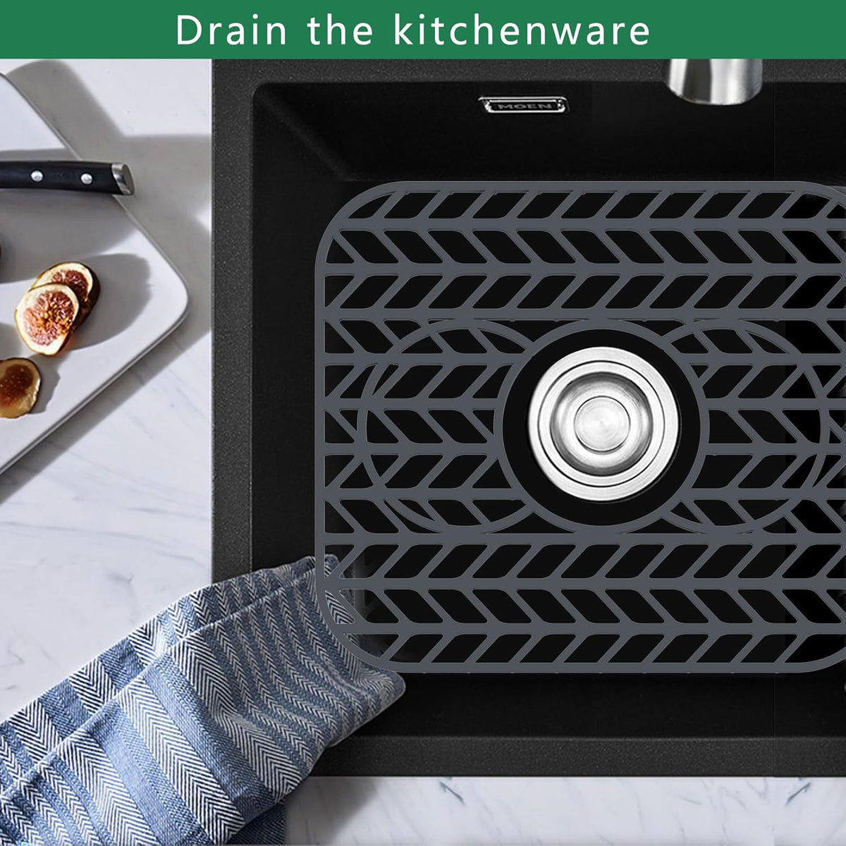 GUUKIN Sink Protectors for Kitchen sink, 13 5/8" x 11 5/8" Folding Non-slip Silicone Mat Grid for Bottom of Farmhouse Stainless Steel Porcelain Sink with 3 Reserved Holes