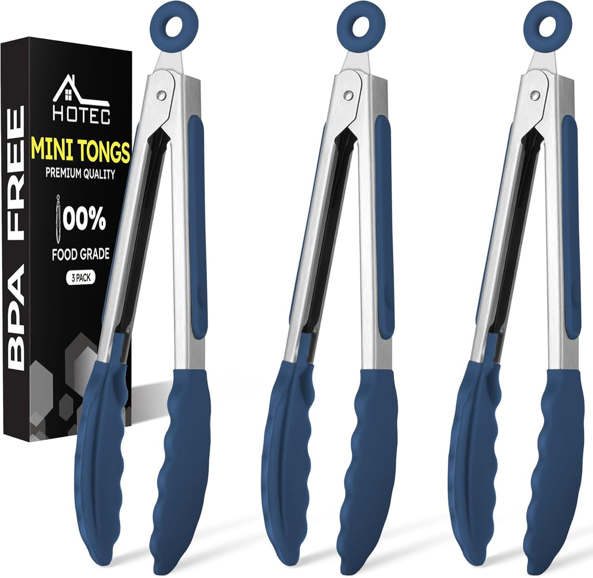 Hotec Mini Silicone Kitchen Tongs for Cooking - 7-Inch Small Serving Tongs with Silicone Tips, Set of 3 (Classic Blue)