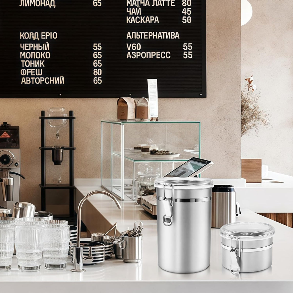 Airtight Coffee Canister, Coffee Storage Containers, Stainless Steel Kitchen Food Storage Jar for Grounds Coffee, Beans, Tea, Sugar, Flour, Cereal (Silver-1.8L*1+1.2L*2)