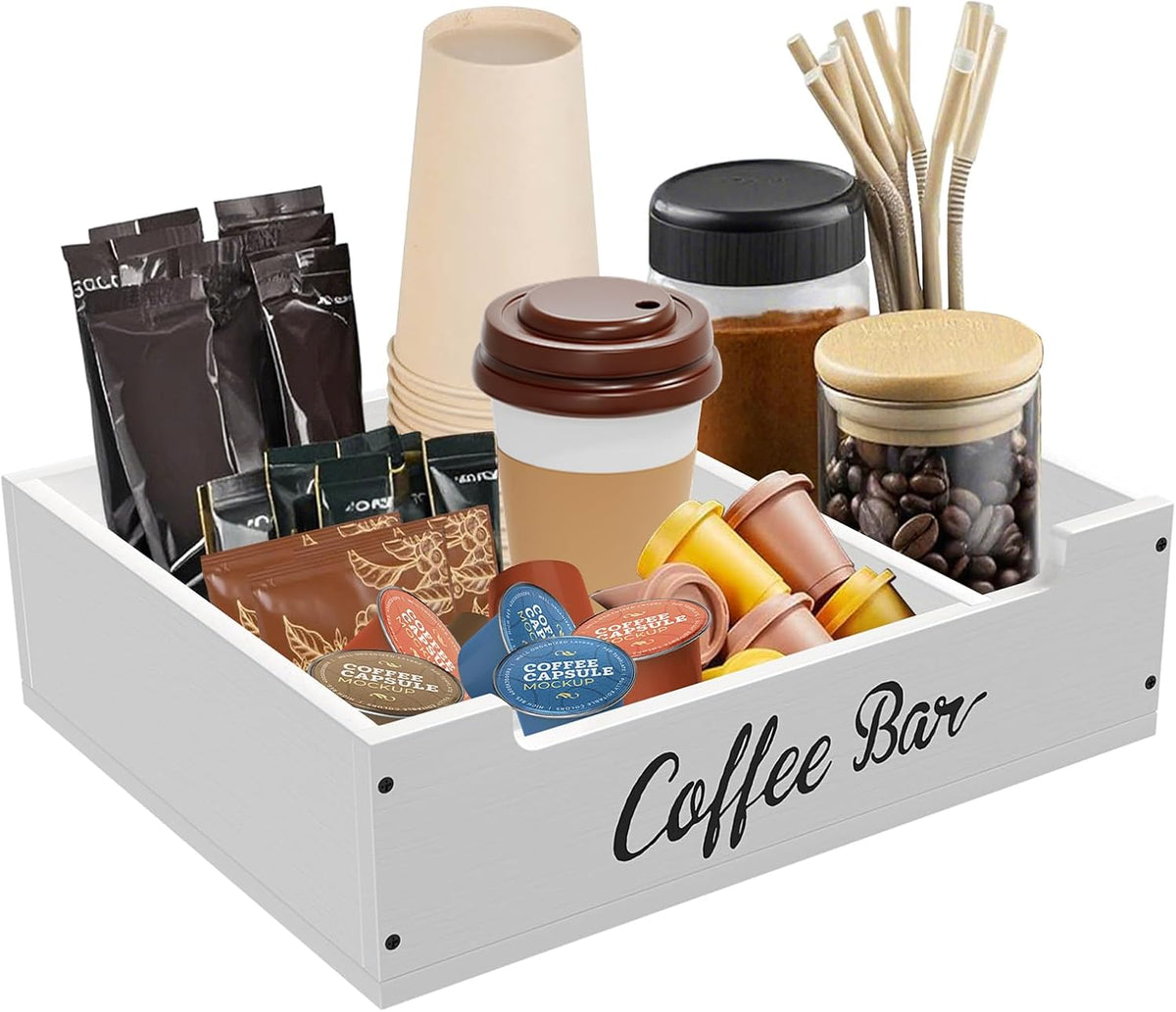 Coffee Pod Bar Station Wooden 14" X 10" X 4" Organizer Box for Countertop, Counter Top Tea Espresso Cup Wood Storage Box, White