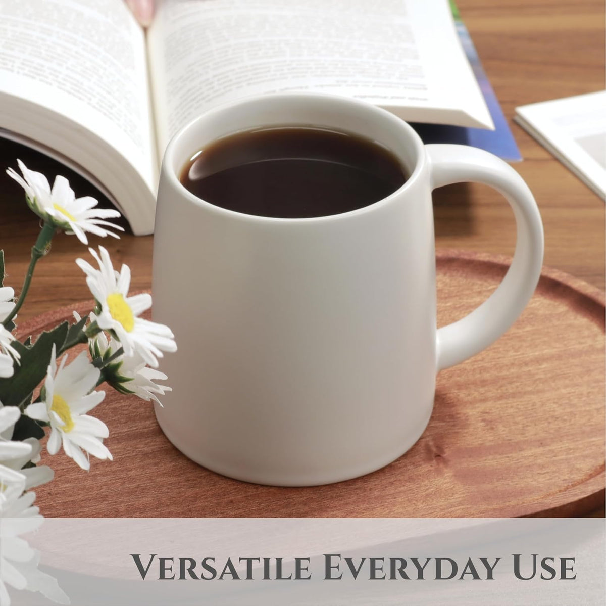 Classic Mug, 14 oz Large Coffee Mug with Handle, Ceramic Porcelain Tea Cup, Smooth Matte (Sliding Lid, Set of 2, White and Navy Blue)