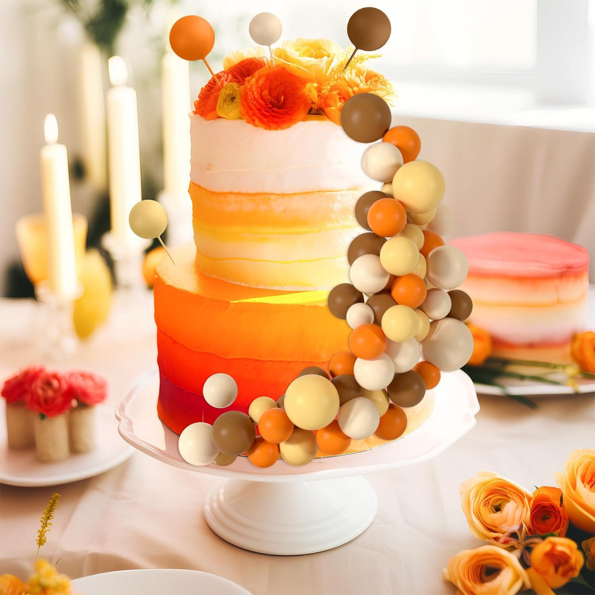 48 Pcs Balls Cake Topper Decorations Balloon Cupcake Toppers Foam Cake Topper Balls Cake Balls Decorations for Birthday Party Wedding Cake Decorating (Orange, Yellow, Apricot, Khaki)