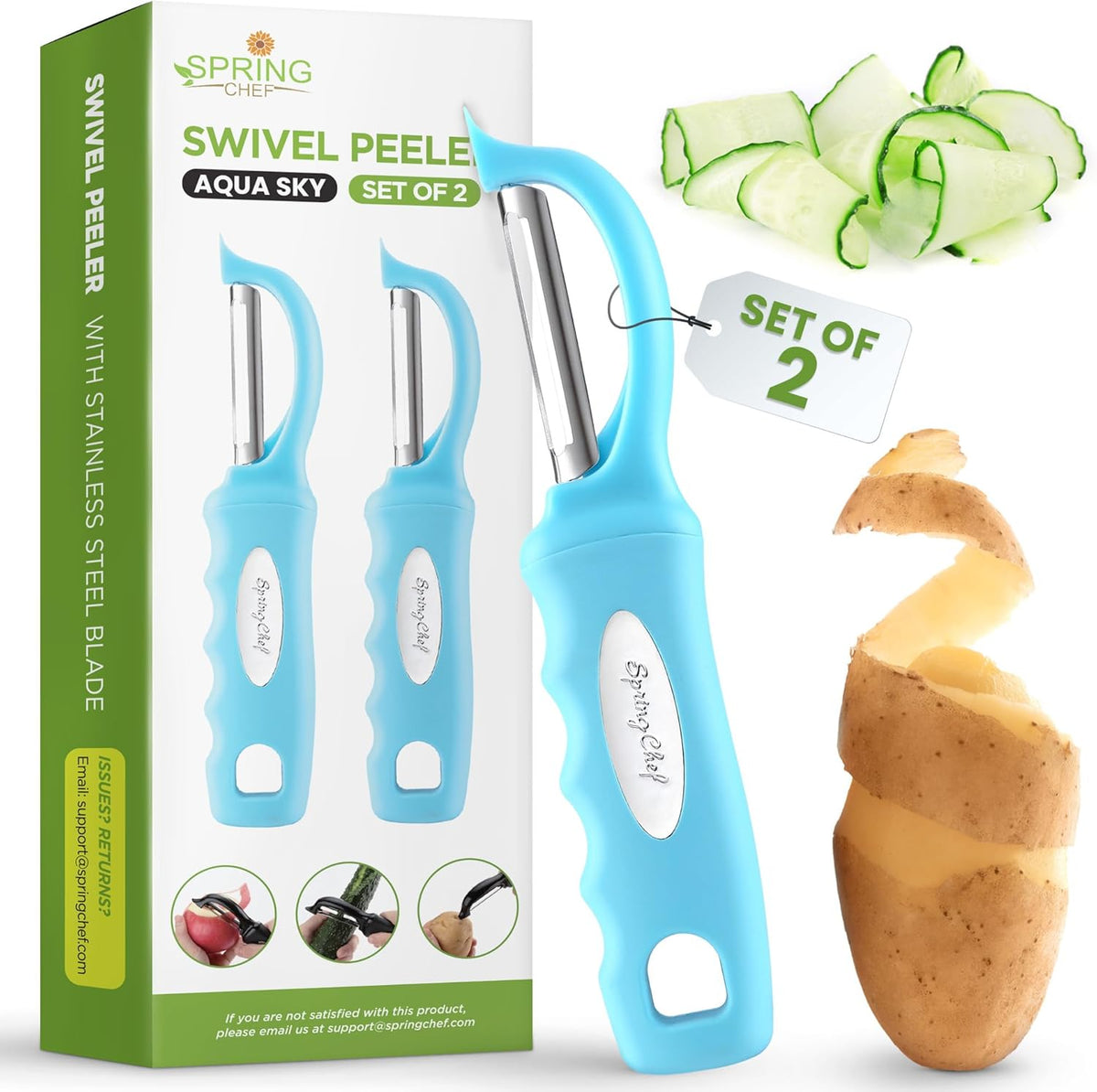 Spring Chef Premium Stainless Steel Vegetable Peeler for Kitchen, Dishwasher Safe Potato Peelers with Non-Slip Handle, Peel Apple, Fruit, Veggie, Carrot, Mango - Set of 2 - Aqua Sky