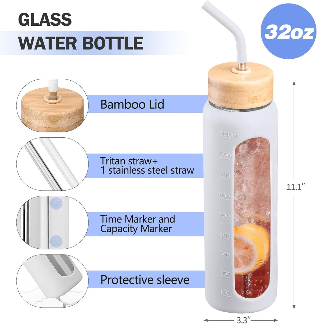 32oz Glass Water Bottle with Straw and 2 Lids- Bamboo Straw and Spout Lid with Phone Holder for Gym, Glass Drinking Bottles with Silicone Sleeve and Motivational Time Marker, White