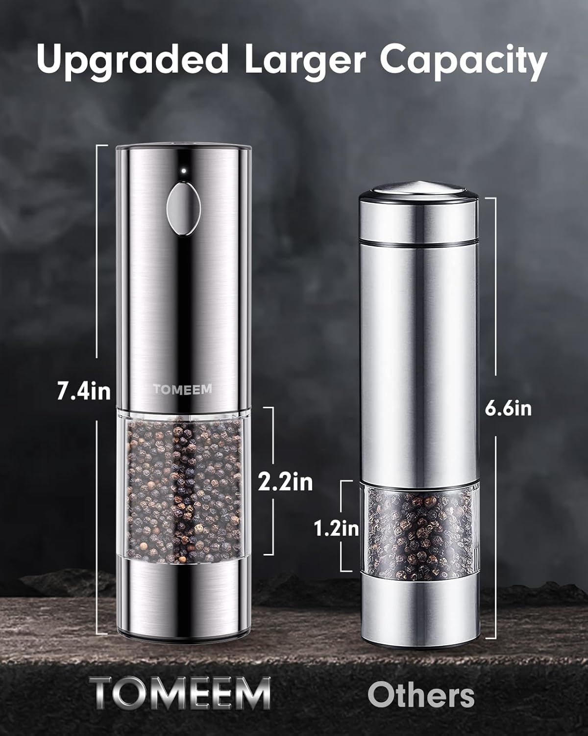 TOMEEM Upgraded Larger Capacity Electric Salt and Pepper Grinder Set Rechargeable with LED lights, Stainless Steel Automatic Pepper and Salt Grinder Refillable with 5 Adjustable Coarseness