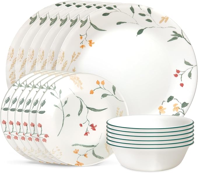 Corelle Vitrelle 18 Piece Glass Dinnerware Sets Service for 6, Triple Layer Chip & Crack Resistant Glass Plate and Bowl Sets, Wildflower