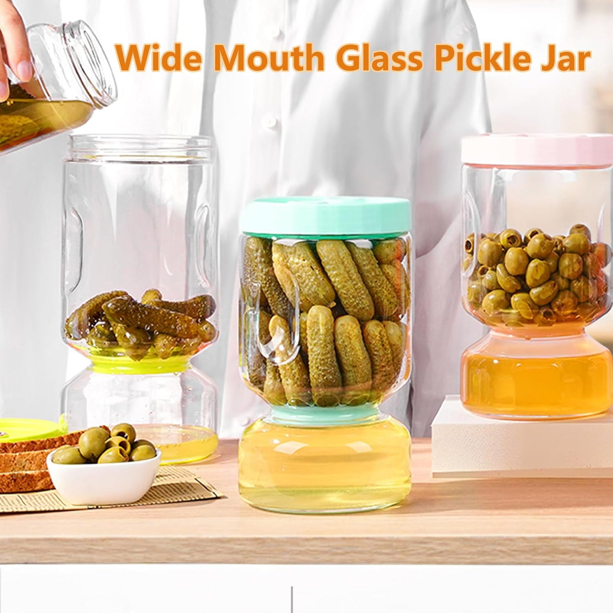ZENS Pickle Jar with Strainer Flip, 64 oz Pickle Container Pickle Juice Separator Hourglass Jar for Olive Keeper, Leakproof Glass Pickle Holder Jars for Pickling Dill Sliced Storage, Gifts for Mom