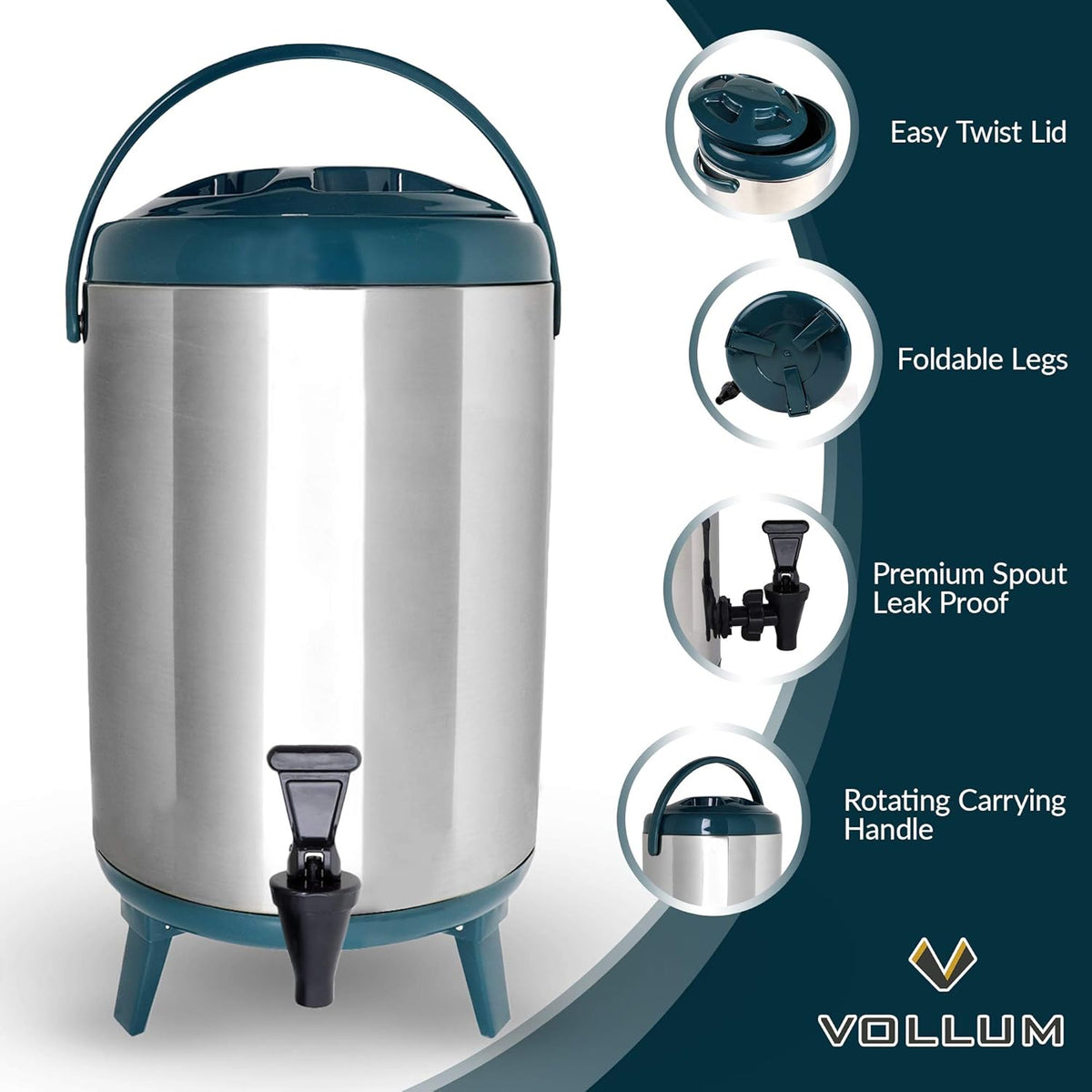 Stainless Steel Insulated Beverage Dispenser – Insulated Thermal Hot and Cold Coffee Carafe – 12 Liter Drink Dispenser with Spigot for Hot Water, Tea & Coffee, Cold Milk, Juice & More TEAL