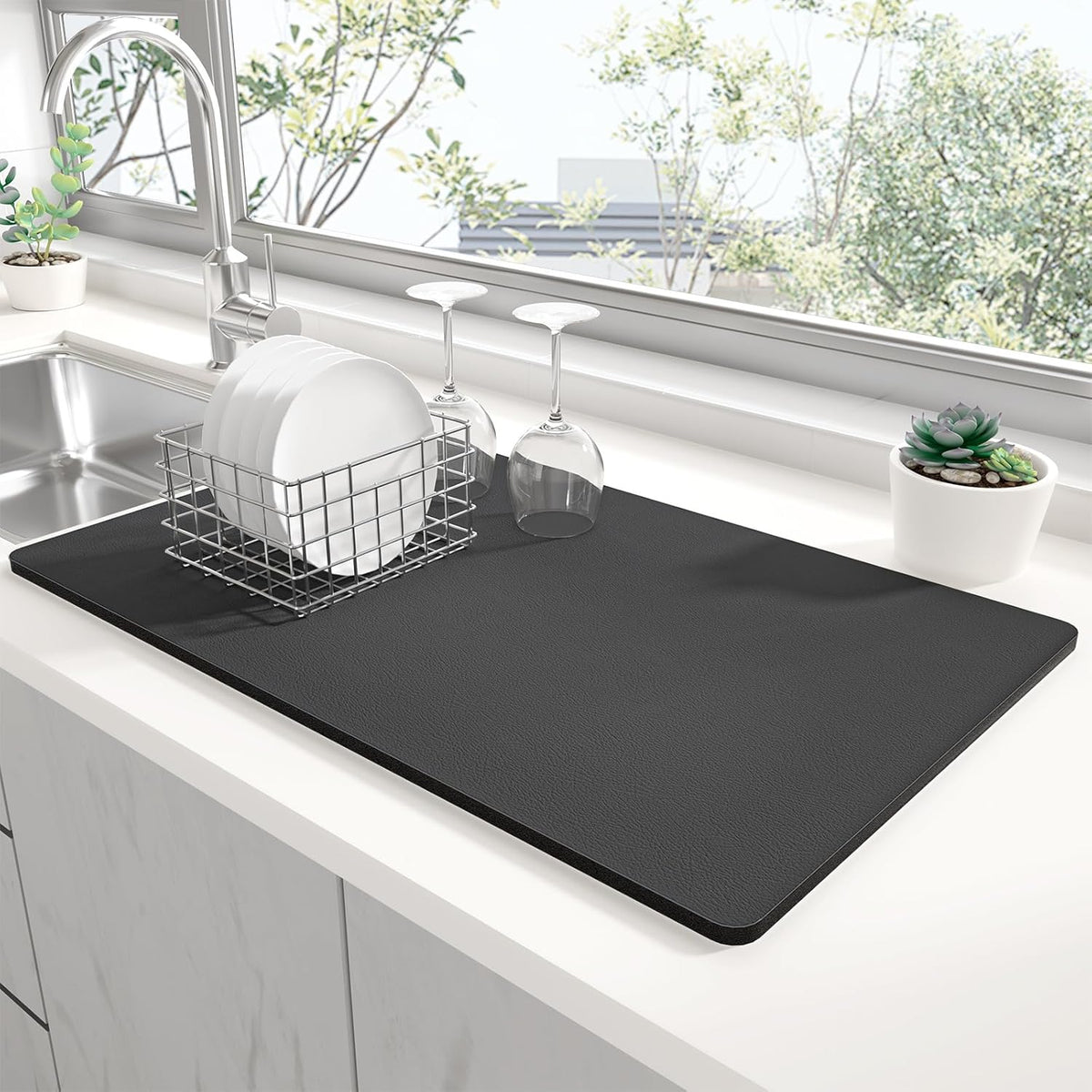 Rnivvi Dish Drying Mat for Kitchen Counter, XL 15 x 24" Super Absorbent Drainer Pad Easy Clean Dish Rack Pad, Non-Slip Heat Resistant Coffee Bar Mats for Coffee Machine Station Accessories Decor, Gray