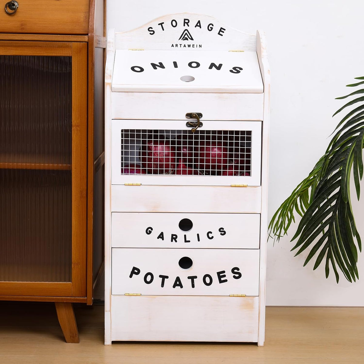 ARTAWEIN Pine Wood Veggie Bin for Potato, Onion and 1 Garlic Drawer Vegetable Box for Kitchen Storage, Solid Wood Vegetable Bin 13.77" L X 7.1" W X 29.3" H (Rustic White)