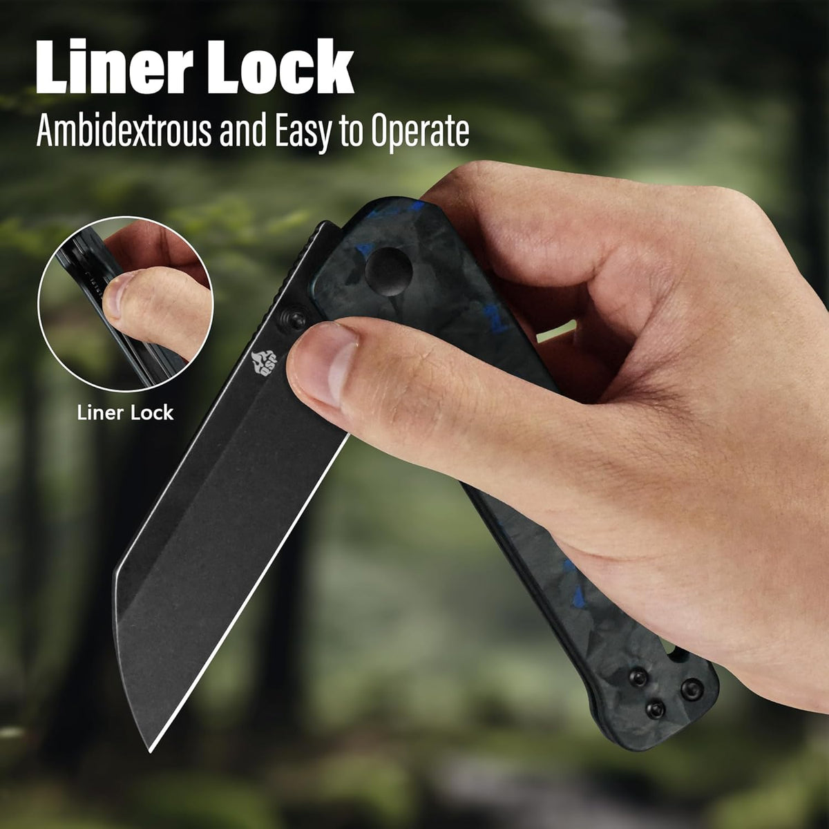QSP Penguin V2 Folding Pocket Knife, 3.06" D2 Black Stonewash Blade EDC Knife, Blue Shredded CF Overlay G10 Handle, Liner Lock, Ceramic Ball Bearings, Reversible SS Deep Carry Clip