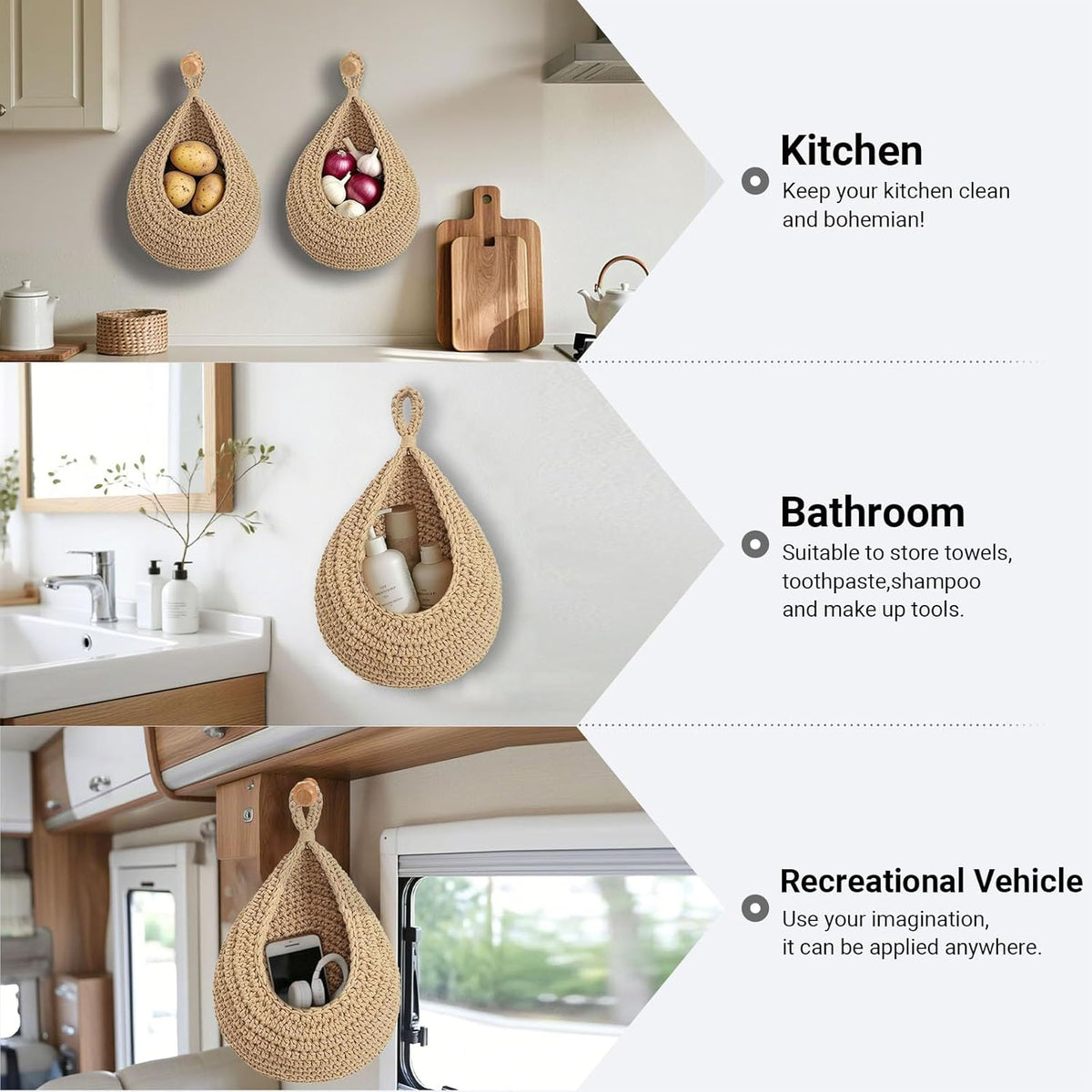 Halidali Hanging Fruit Baskets for Kitchen, 3 Pack Boho Cotton Rope Handwoven Vegetable Storage Wall Mounted Large Organizing Basket for Farmhouse Decor, Onion, Potato, Garlic and Plants (Linen)