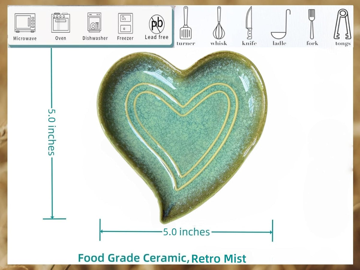 Ceramic Spoon Rest for Stove Top, Heart Cute Spoon Rest for Kitchen Counter, Cooking Spoon Holder for Kitchen Counter, Utensil Rest Spatula Rest Ladle Holder Tong Rest (Retro Mist Green)