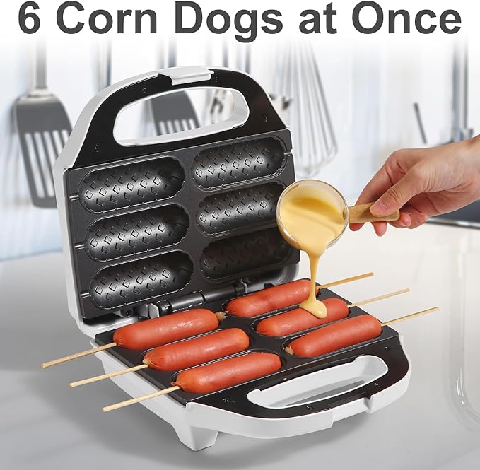 Corn Dog Waffle Maker, Hot Dog Waffle Machine with Non-stick Coating Plate, Hot Dog Maker Toaster Make 6 Corn Dogs, Corn Dog Waffle Machine Make Corn Dog in Minutes, Easy to Clean, White