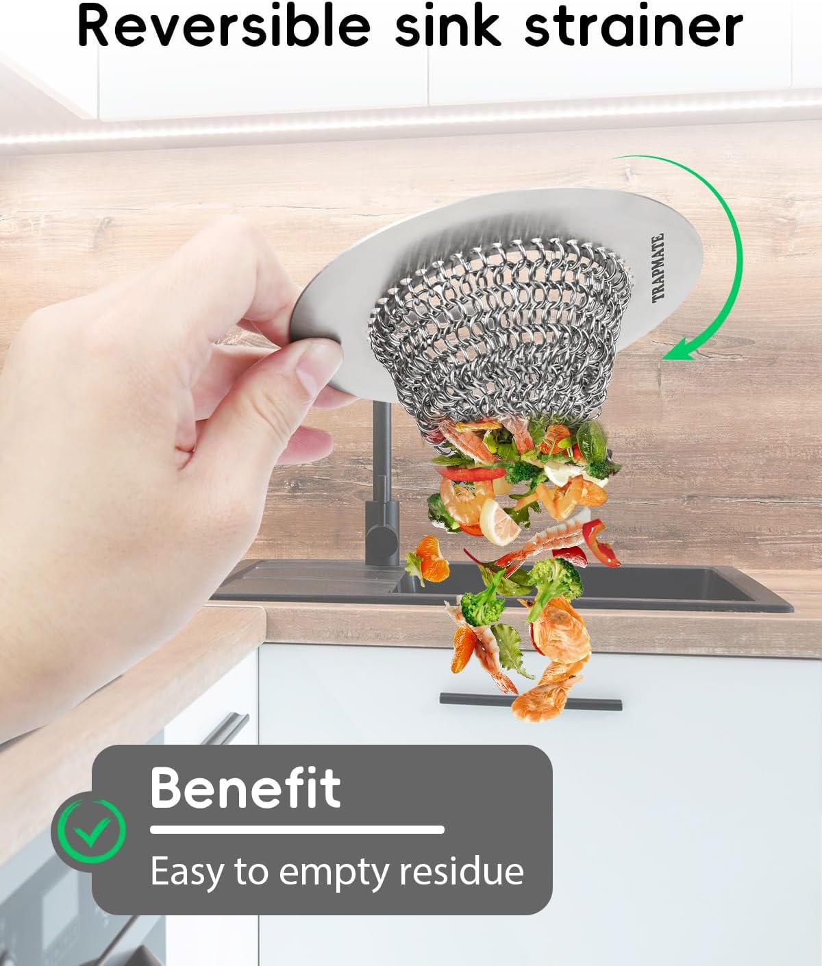 TRAPMATE 2 Pcs Kitchen Sink Strainer, Easy Clean Sink Drain Strainer, Anti-Rust Stainless Steel Sink Strainer, Anti-Clogging Strainer for Garbage Disposal, Dishwasher Safe (Patented Product)