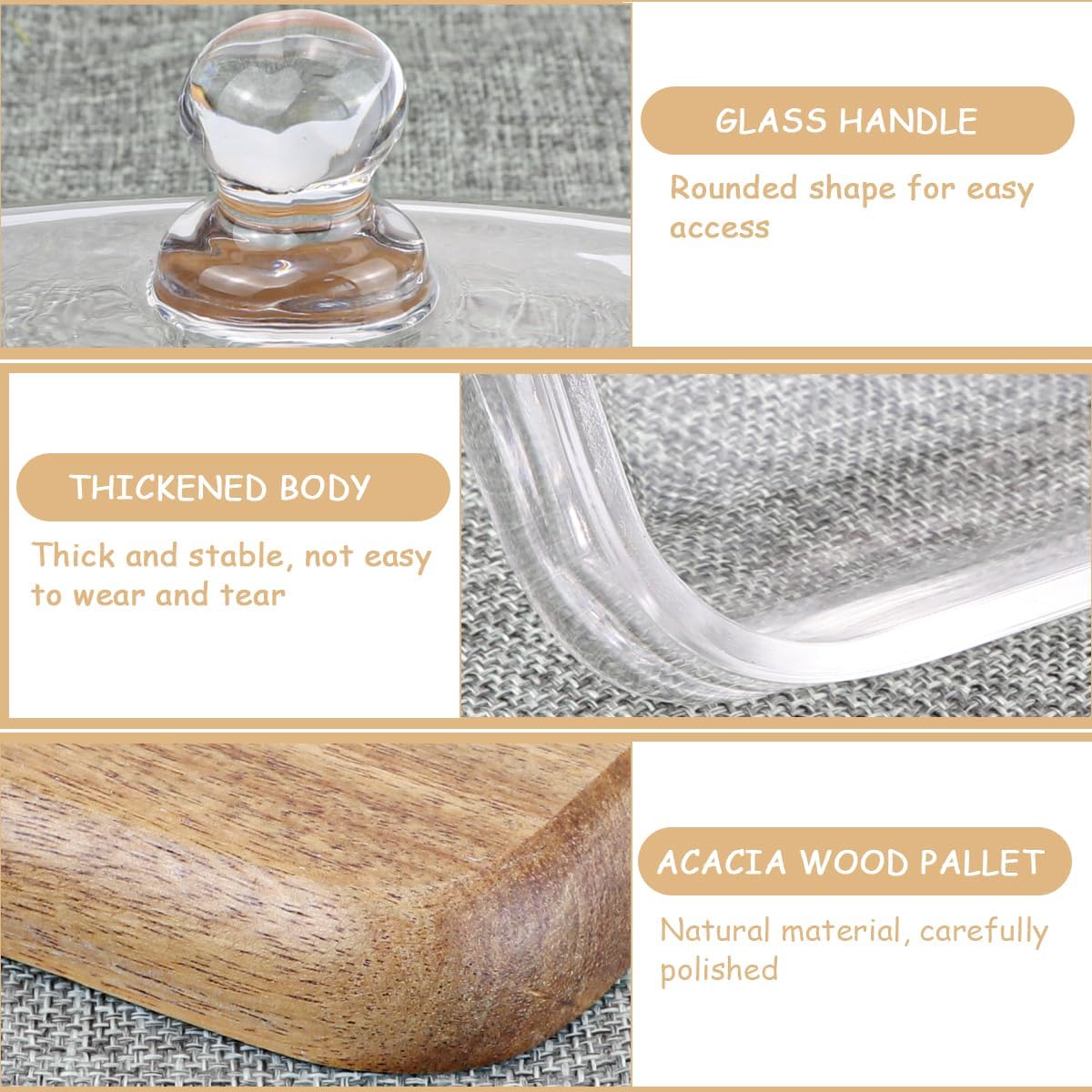 Glass Butter Dish with Lid Clear Glass Butter Keeper Container for Butter, Cream Cheese, and Dessert Cake（Acacia）