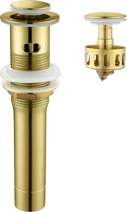 Pop up Sink Drain Stopper for Bathroom Vessel Vanity Sink Art Basin Brushed Gold, Small Cap with Overflow, Metal Pop-up Drain Strainer with Detachable Basket Stopper