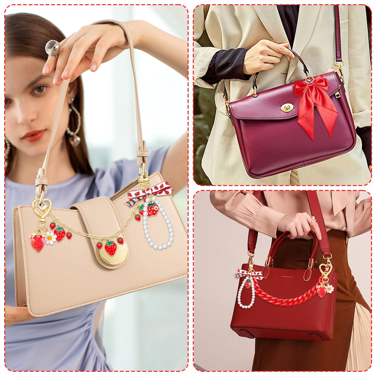 Zkptops 5PCS Tote Bag Decoration Kit Pearl Purse Chain Cute Bow Bag Charms Strap Extender Chain Keychain Charm Accessories for Women Compatible with YETI Camino Bogg Beach Handbag Wallet(Strawberry)