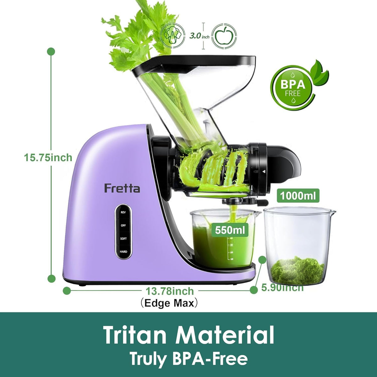 Masticating Slow Juicers, Fretta Wide Feeding Chute Cold Press Juicer, BPA-Free, Celery Juicer, Juicer Extractor with Quite DC Motor & Reverse Function, 2 Speed, 200W(Taro Purple)