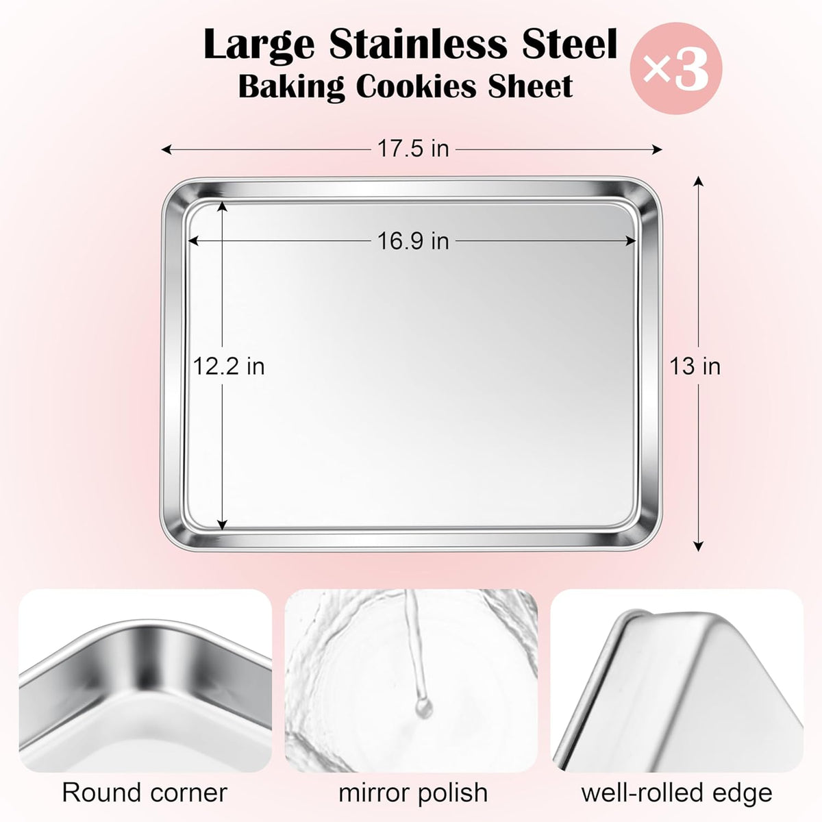 E-far Cookie Sheets Set of 3, 18”x13” Stainless Steel Baking Sheet Pans for Oven, Large Non Toxic Metal Baking Tray for Baking Roasting, Healthy & Rust Free, Mirror Finish & Dishwasher Safe
