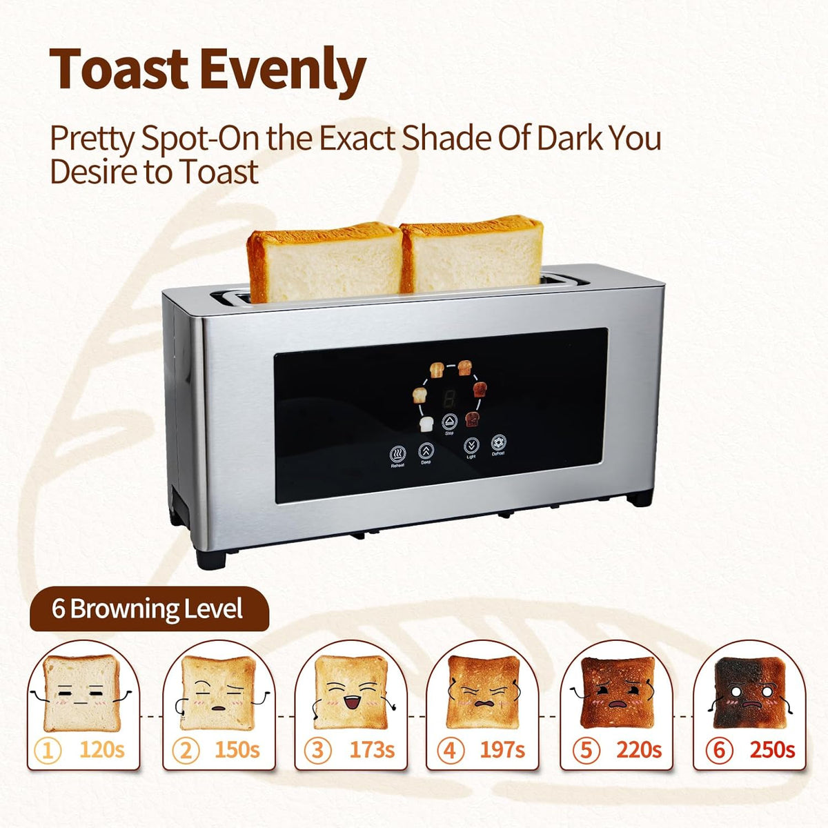 2 Slice Toaster with Touch Screen, Slim Toaster For Long Slice, 1.6" Wide Slot, 6 Browning Levels, 1000W Fast Heating, Slim Stainless Steel Design for Bagels, Baguettes, Compact Kitchen & RV Use