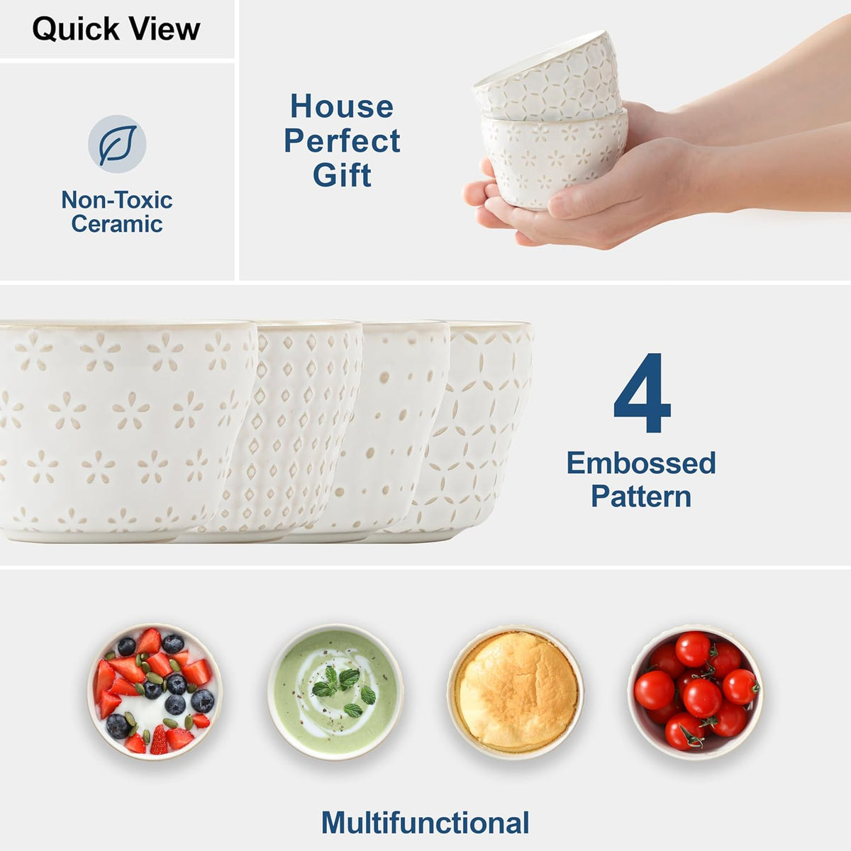 MALACASA Small Dessert Bowls 8 oz, Ice Cream Bowls, Dipping Sauce bowls,Ceramic Bouillon Soup Cups or Certain Side Dishes, Microwave & Dishwasher Safe, Set of 4, Arctic White, Series LYDIA
