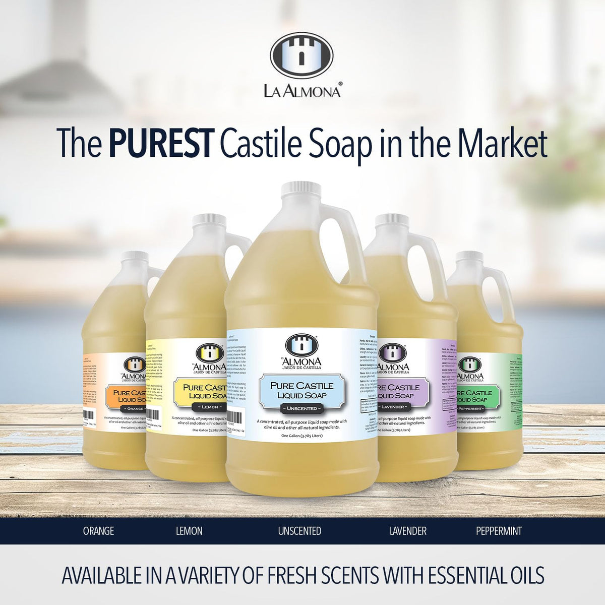 Pure Castile Liquid Soap, UNSCENTED, 1 Gallon - Multipurpose: Hands, Face, Body, Laundry, Dishes & More - For Sensitive Skin, All-Natural Ingredients, Fragrance Free
