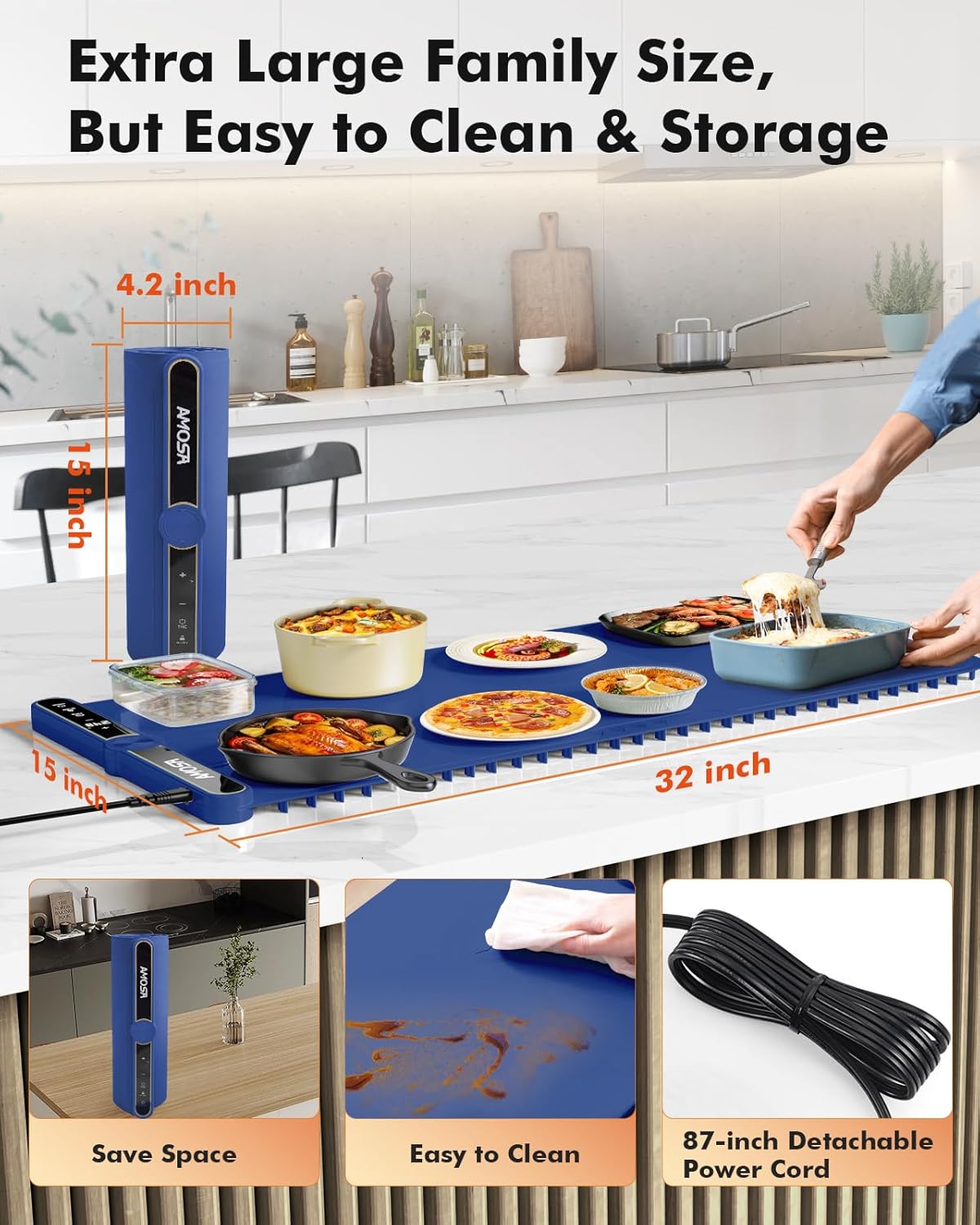 Warming Mat for Food, Fast Heating Electric Food Warmer with 9 Level Temperature and 6 Hours Timer, Extra Large Roll Up Silicone Food Warming Mat, Portable Warming Trays for Buffets Party (Blue)