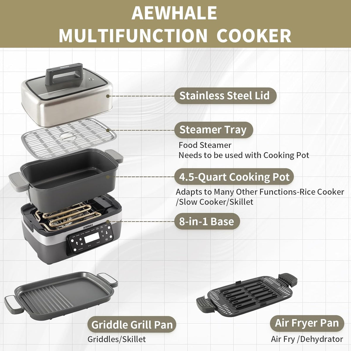 AEWHALE 8-in-1 Programmable 4.5-Quart Multi-Cooker with Air Fryer,Slow Cooker,Food Steamer,Dehydrate &More, Family-Sized Capacity,Grey