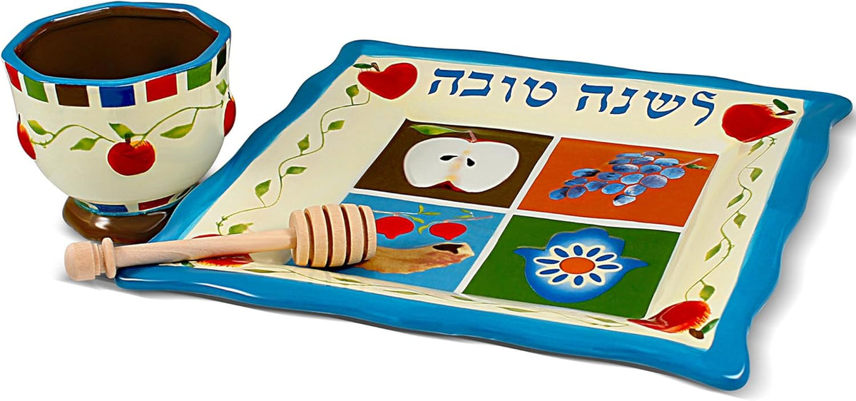 Rosh Hashanah Honey Dish Set Decorative Ceramic Plate Painted Judaic Theme Shana Tovah with Honey Bowl Jar, Wooden Dipper Rosh Hashunah Platter Jewish New Year Gift by Jessica Sporn