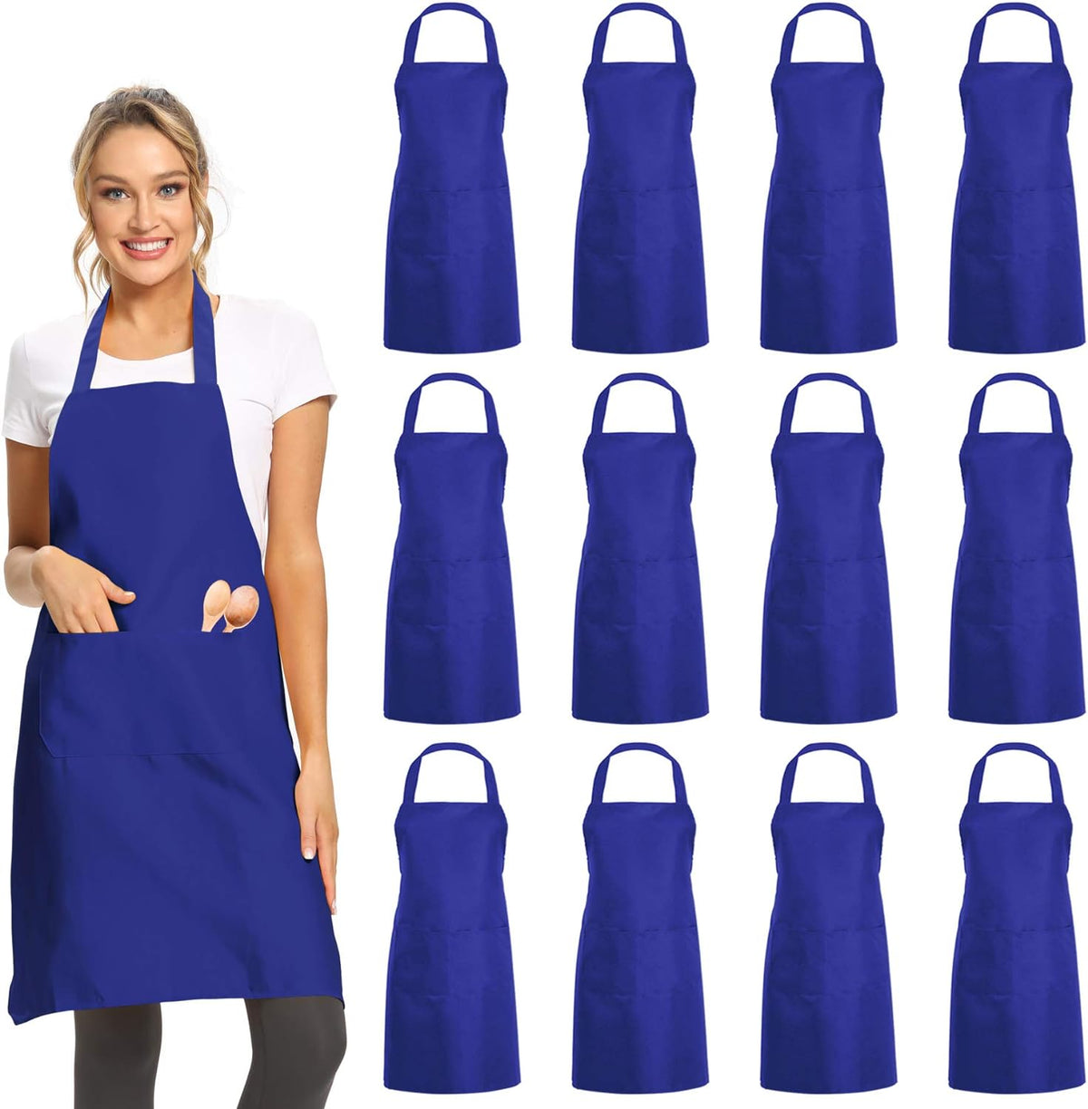 DUSKCOVE 12 Pack Plain Bib Aprons with 2 Pockets - Blue Unisex Commercial Apron Bulk for Kitchen Cooking Restaurant BBQ Painting Crafting