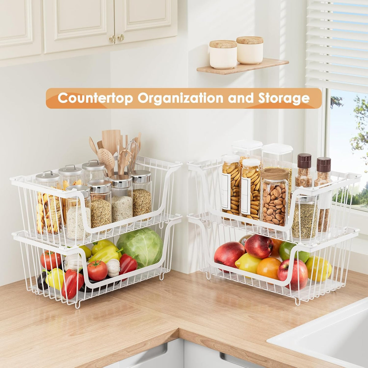 4 Pack Stackable Wire Baskets with Handles for Pantry Organizers and Storage, Fruit and Vegetable wire storage baskets, Potato and Onion Storage Bin, Metal Baskets for Organizing Snacks, Cans (White)