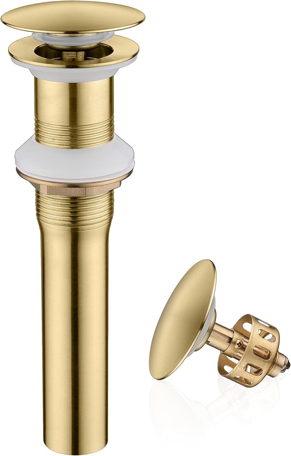 Pop up Sink Drain Stopper Without Overflow Brushed Gold for Bathroom Vessel Vanity Sink Art Basin, Big Cap Sink Drain Without Overflow, Metal Pop-up Drain Strainer with Detachable Basket Stopper