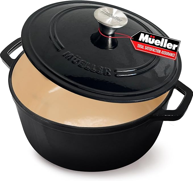 MUELLER HOME 7.5 QT Enameled Cast Iron Dutch Oven, Heavy-Duty, Oven-Safe up to 500° F & Across All Cooktops, Casserole Dish and Braiser Pan with Lid and Stainless Knob, Black